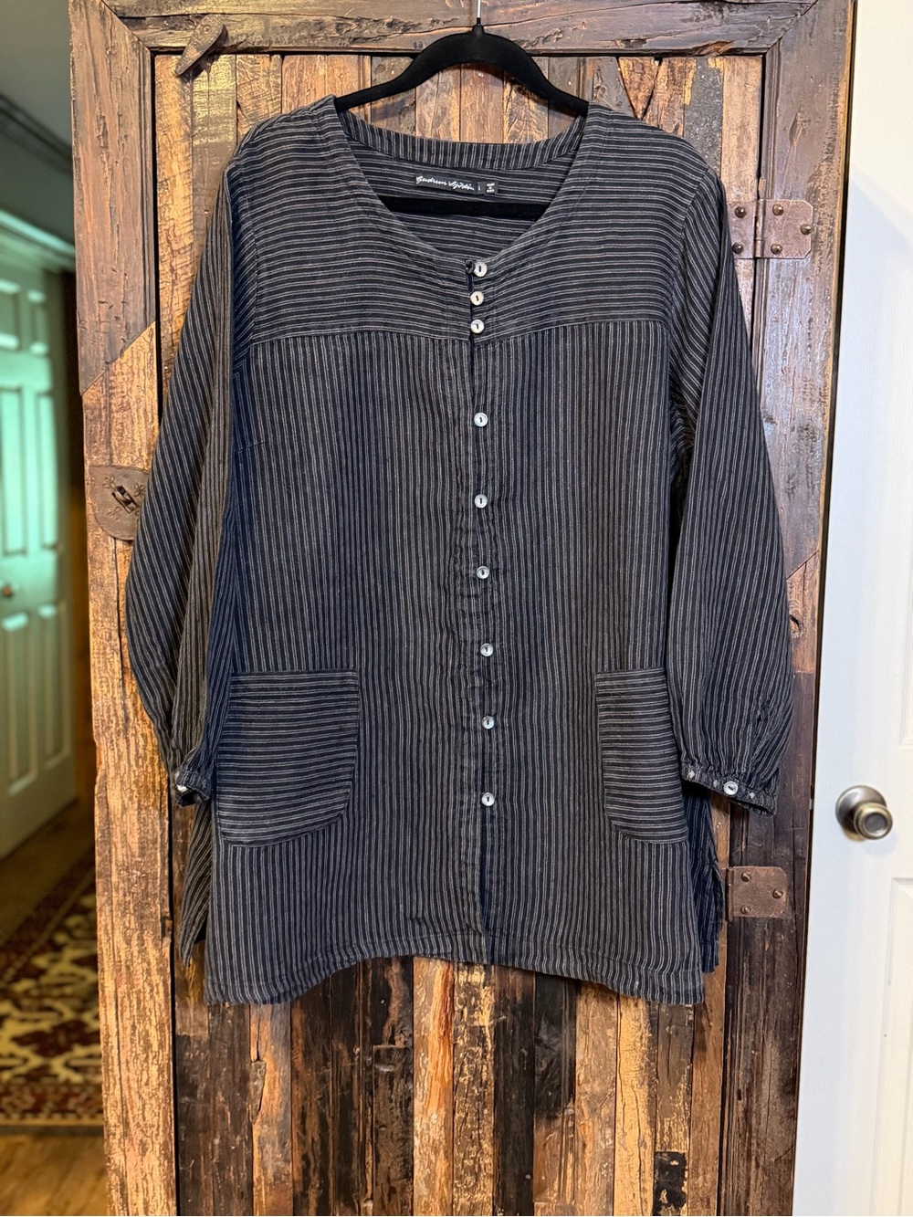 Gudrun Sjoden Linen Tunic Women’s L Black Pinstripe Button Front Lagenlook Pocke